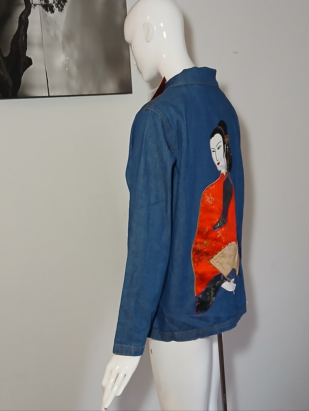 Vintage Look East Asian Denim Jacket Women’s Medium Asian Lady Appliqué NWT